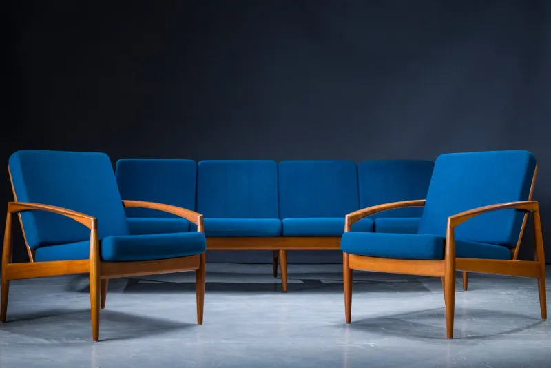 Pamono Model 121 Paper Knife Easy Chairs and Sofa by Kai Kristiansen for Magnus Olesen, 1960s, Set of 3> Living Room Sets