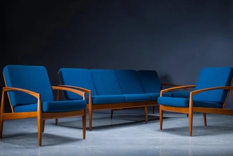 Pamono Model 121 Paper Knife Easy Chairs and Sofa by Kai Kristiansen for Magnus Olesen, 1960s, Set of 3> Living Room Sets