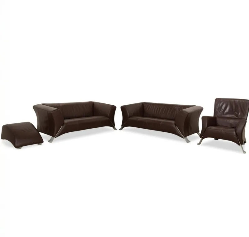 Pamono Model 322 3-Seater Sofa, Armchair and Ottoman in Brown Leather from Rolf Benz, Set of 3