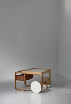 Pamono Model 900 Tea Trolley with White Ceramic Tiles & Rattan Basket attributed to Alvar Aalto for Artek, 1960s><noscript><img width=