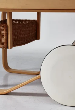 Pamono Model 900 Tea Trolley with White Ceramic Tiles & Rattan Basket attributed to Alvar Aalto for Artek, 1960s><noscript><img width=