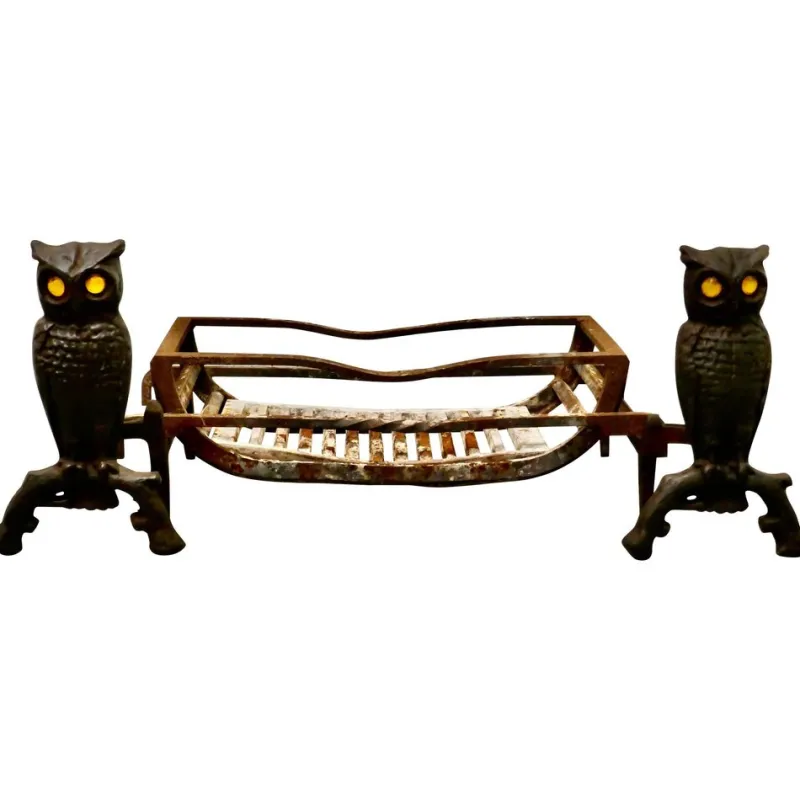 Sale Pamono Model Owl Iron Fire Dogs with Grate, 1920s