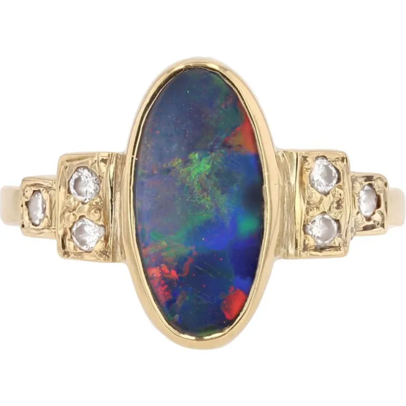 Outlet Pamono Modern Black Opal and Diamonds Geometric Ring in 18 Karat Yellow Gold