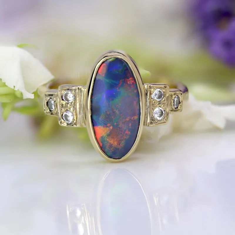 Outlet Pamono Modern Black Opal and Diamonds Geometric Ring in 18 Karat Yellow Gold