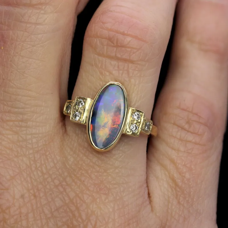 Outlet Pamono Modern Black Opal and Diamonds Geometric Ring in 18 Karat Yellow Gold