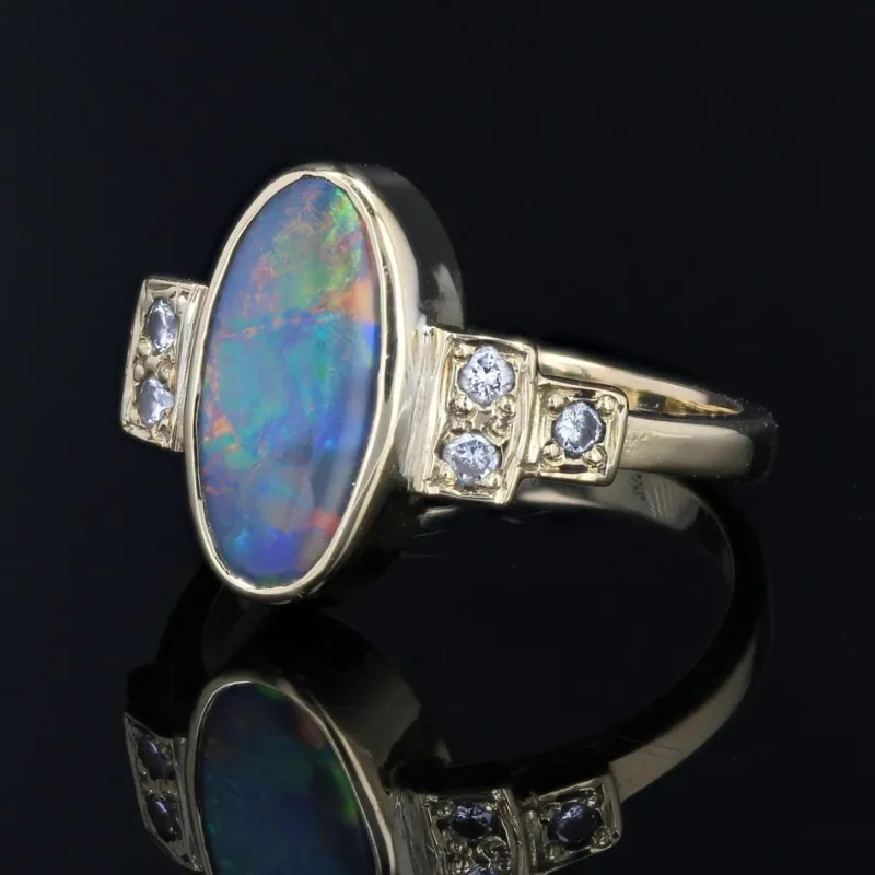 Outlet Pamono Modern Black Opal and Diamonds Geometric Ring in 18 Karat Yellow Gold