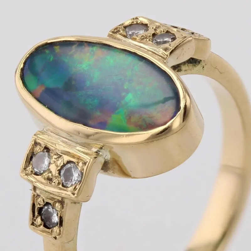 Outlet Pamono Modern Black Opal and Diamonds Geometric Ring in 18 Karat Yellow Gold