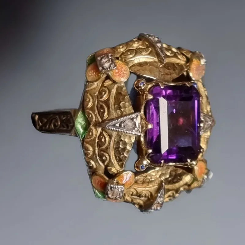 Pamono Modernist Art Nouveau Amethyst Ring with Enamel and Diamonds, 1900s> Rings