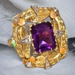 Pamono Modernist Art Nouveau Amethyst Ring with Enamel and Diamonds, 1900s> Rings