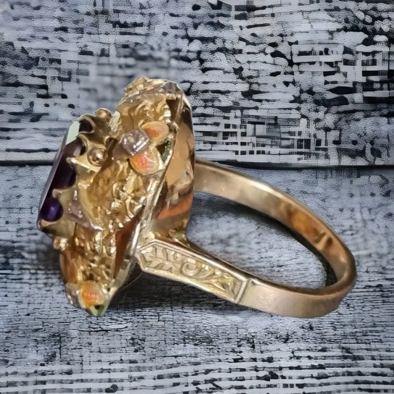 Pamono Modernist Art Nouveau Amethyst Ring with Enamel and Diamonds, 1900s> Rings