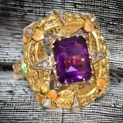 Pamono Modernist Art Nouveau Amethyst Ring with Enamel and Diamonds, 1900s><noscript><img width=