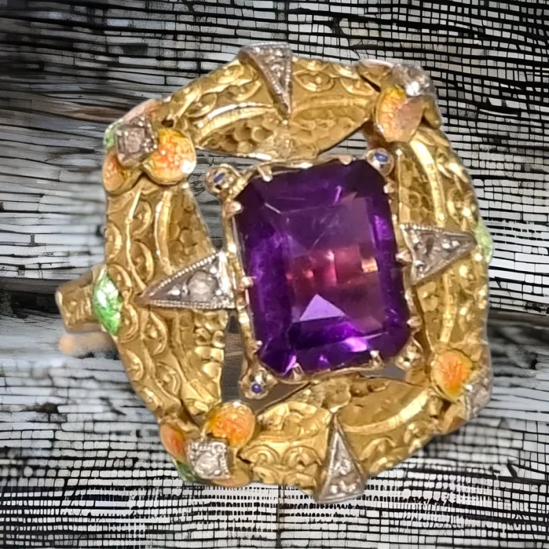 Pamono Modernist Art Nouveau Amethyst Ring with Enamel and Diamonds, 1900s> Rings