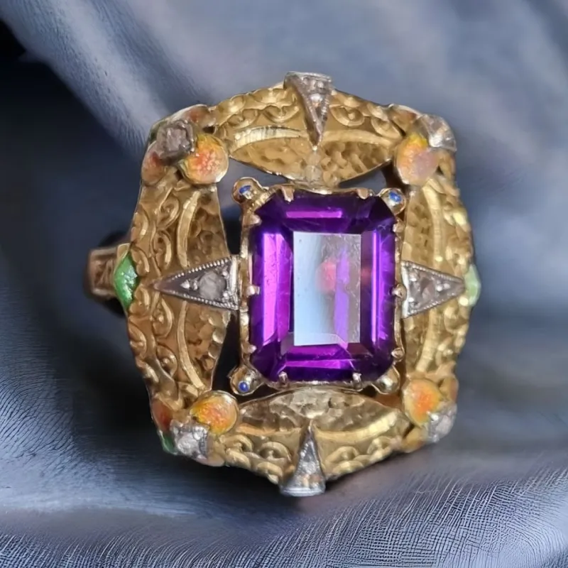 Pamono Modernist Art Nouveau Amethyst Ring with Enamel and Diamonds, 1900s> Rings
