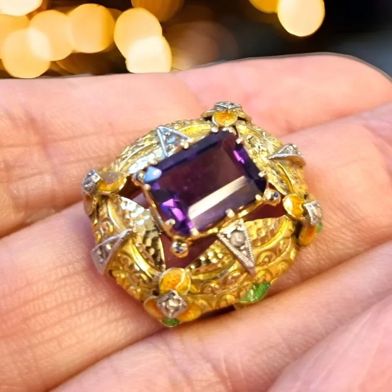 Pamono Modernist Art Nouveau Amethyst Ring with Enamel and Diamonds, 1900s> Rings