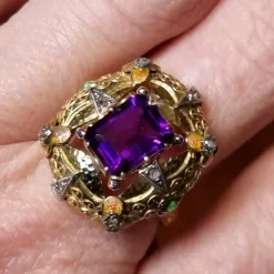 Pamono Modernist Art Nouveau Amethyst Ring with Enamel and Diamonds, 1900s><noscript><img width=