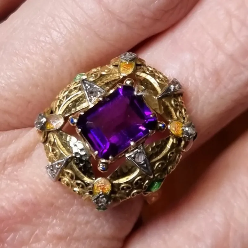 Pamono Modernist Art Nouveau Amethyst Ring with Enamel and Diamonds, 1900s> Rings
