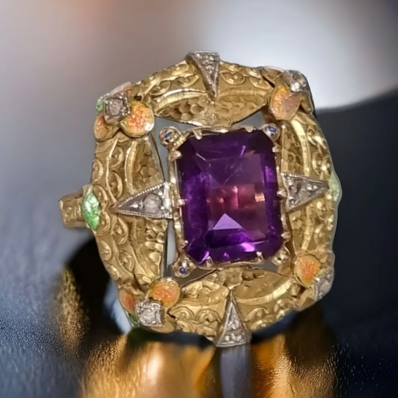 Pamono Modernist Art Nouveau Amethyst Ring with Enamel and Diamonds, 1900s> Rings