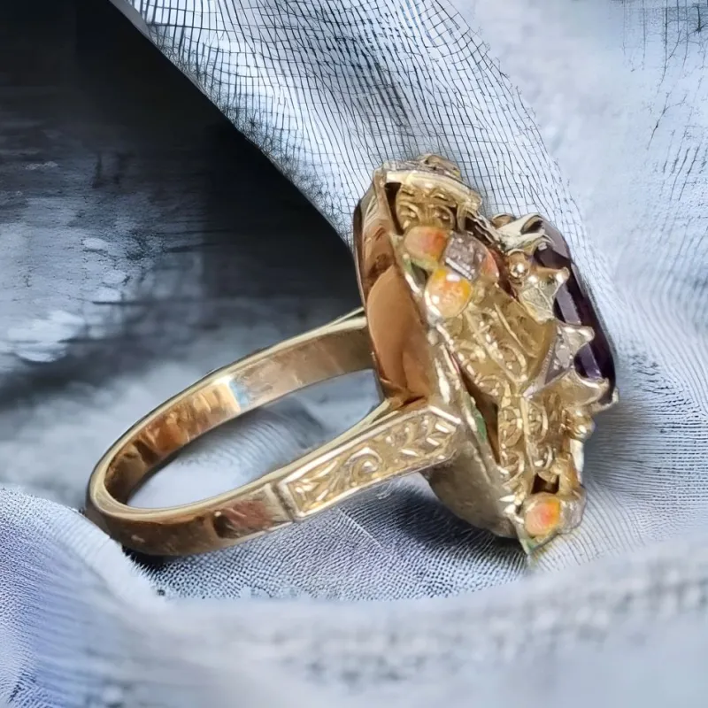 Pamono Modernist Art Nouveau Amethyst Ring with Enamel and Diamonds, 1900s> Rings