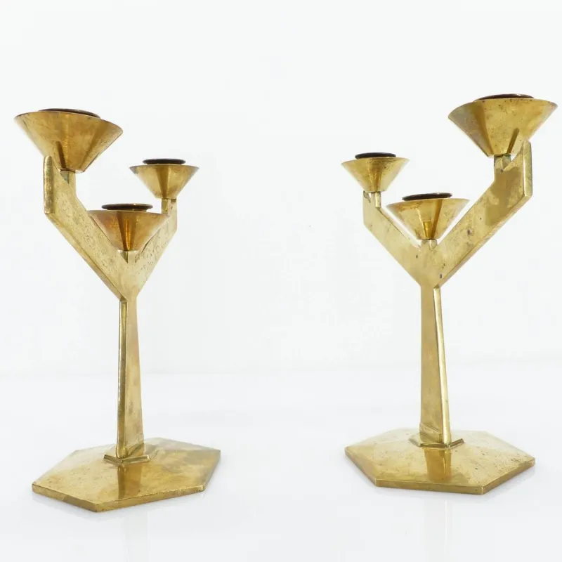 Pamono Modernist Brass 3-Armed Candlesticks, 1960s, Set of 2> Candleholders