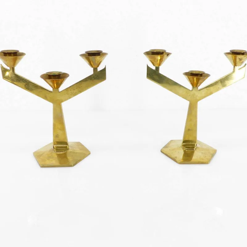 Pamono Modernist Brass 3-Armed Candlesticks, 1960s, Set of 2> Candleholders