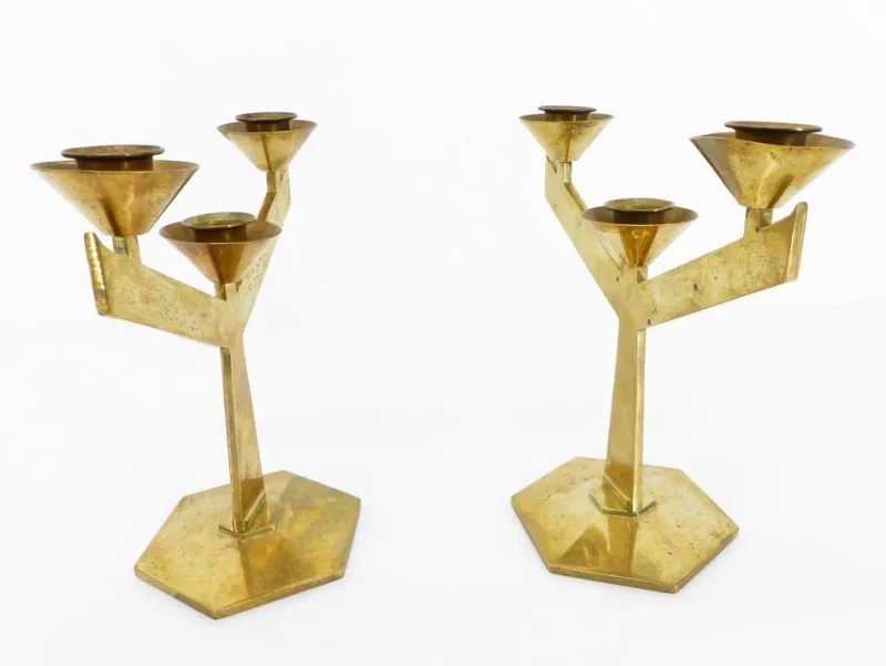 Pamono Modernist Brass 3-Armed Candlesticks, 1960s, Set of 2> Candleholders