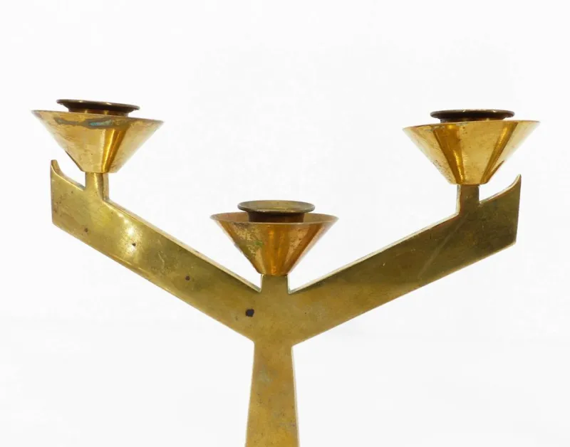 Pamono Modernist Brass 3-Armed Candlesticks, 1960s, Set of 2> Candleholders