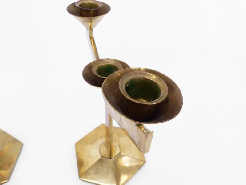 Pamono Modernist Brass 3-Armed Candlesticks, 1960s, Set of 2> Candleholders