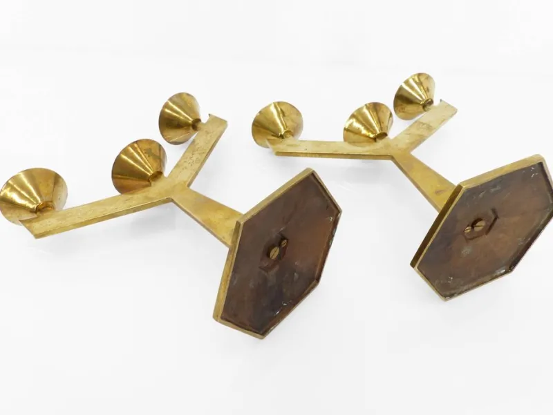 Pamono Modernist Brass 3-Armed Candlesticks, 1960s, Set of 2> Candleholders