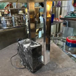 Pamono Modernist Chromed Metal and Marble Table Lamp with Hand Painted Lampshade from Banci Firenze, 1970s><noscript><img width=