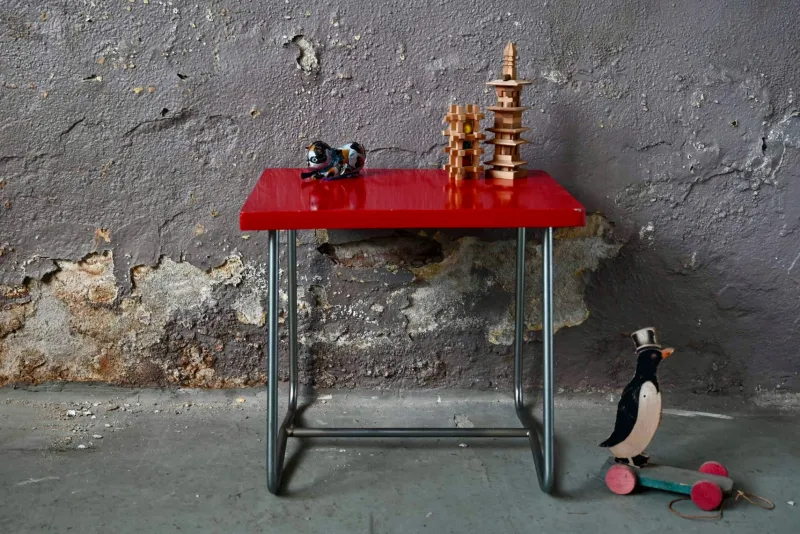 Outlet Pamono Modernist Red School Desk in Wood and Aluminum Tube by R. Gleizes, 1950s