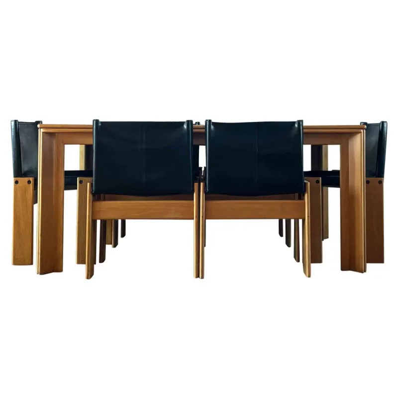 Pamono Monk Dining Chairs and Table in Black Leather and Beech by Tobia & Afra Scarpa for Molteni, 1973, Set of 7> Office Chairs