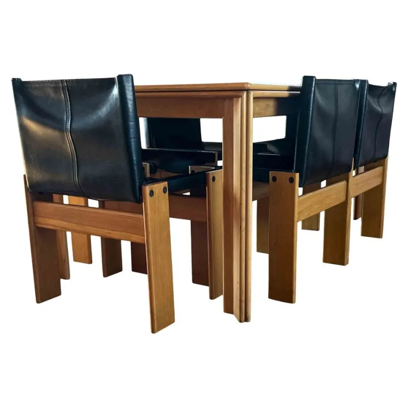 Pamono Monk Dining Chairs and Table in Black Leather and Beech by Tobia & Afra Scarpa for Molteni, 1973, Set of 7> Office Chairs