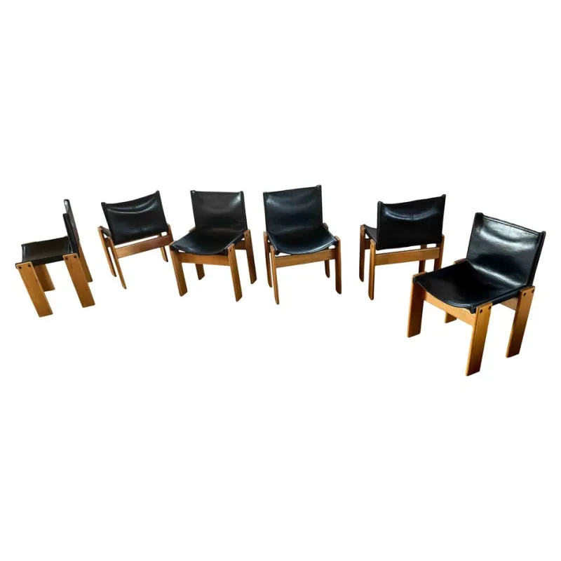 Pamono Monk Dining Chairs and Table in Black Leather and Beech by Tobia & Afra Scarpa for Molteni, 1973, Set of 7> Office Chairs