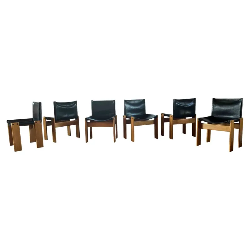 Pamono Monk Dining Chairs and Table in Black Leather and Beech by Tobia & Afra Scarpa for Molteni, 1973, Set of 7> Office Chairs