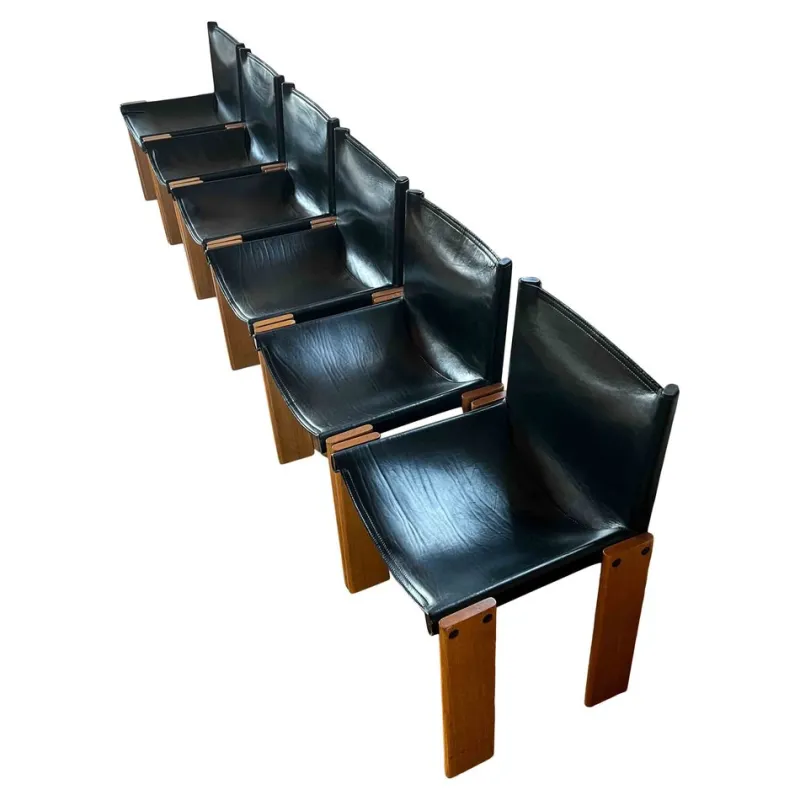 Pamono Monk Dining Chairs and Table in Black Leather and Beech by Tobia & Afra Scarpa for Molteni, 1973, Set of 7> Office Chairs