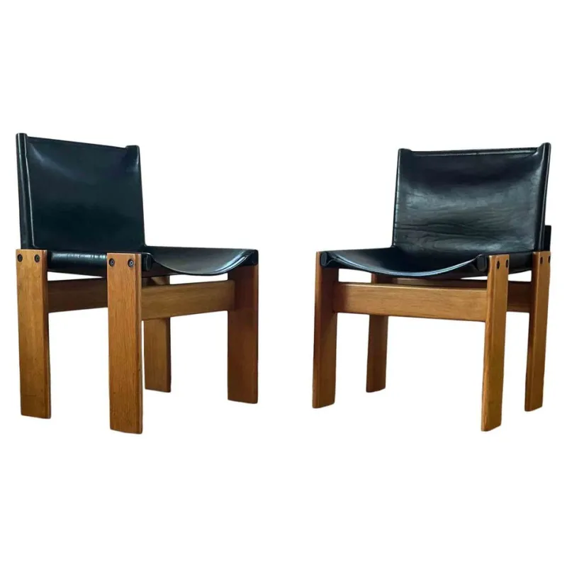 Pamono Monk Dining Chairs and Table in Black Leather and Beech by Tobia & Afra Scarpa for Molteni, 1973, Set of 7> Office Chairs