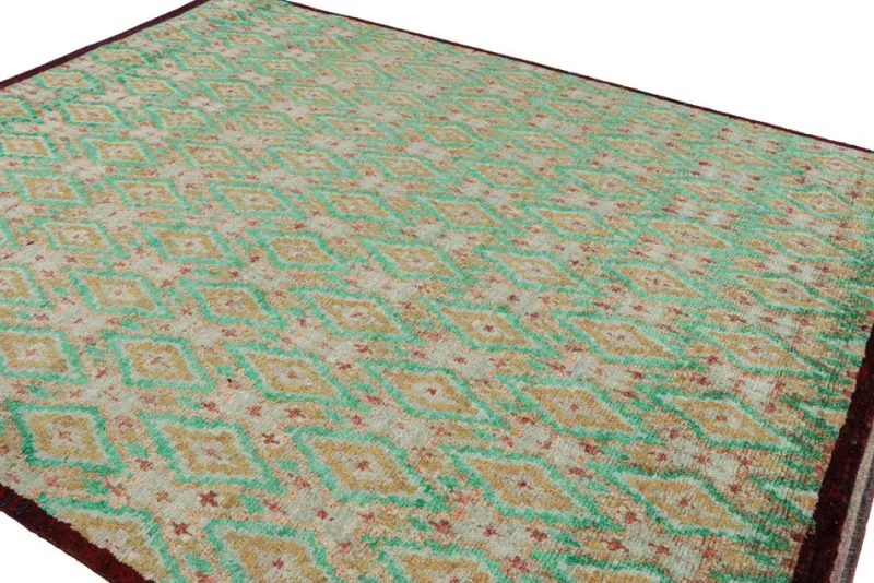 Pamono Moroccan Style Rug in Green and Gold Diamond Patterns from R&K Principal Jahanshah Nazmiyal> Carpets & Textiles|Carpets & Textiles