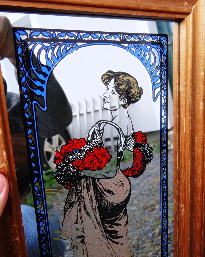 Hot Pamono Mucha Silkscreened Wall Mirror, 1970