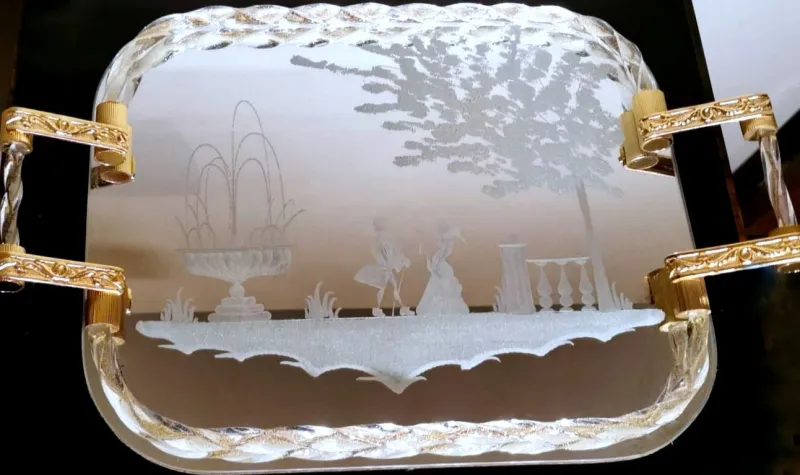 Pamono Murano Barovier Style Vanity Tray with Etched Mirror and Twisted Glass Rope> Trays