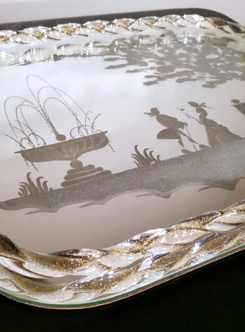 Pamono Murano Barovier Style Vanity Tray with Etched Mirror and Twisted Glass Rope> Trays
