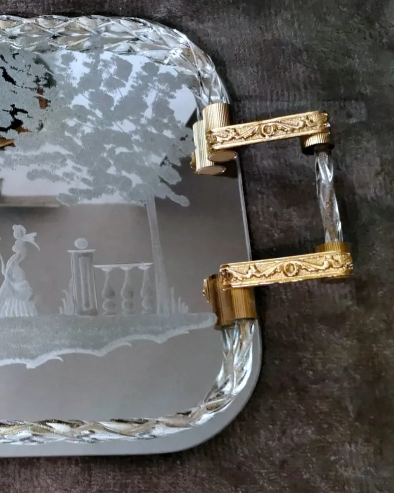 Pamono Murano Barovier Style Vanity Tray with Etched Mirror and Twisted Glass Rope> Trays