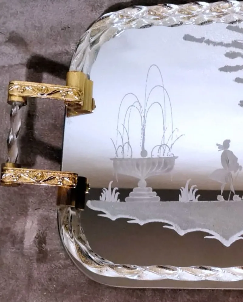 Pamono Murano Barovier Style Vanity Tray with Etched Mirror and Twisted Glass Rope> Trays