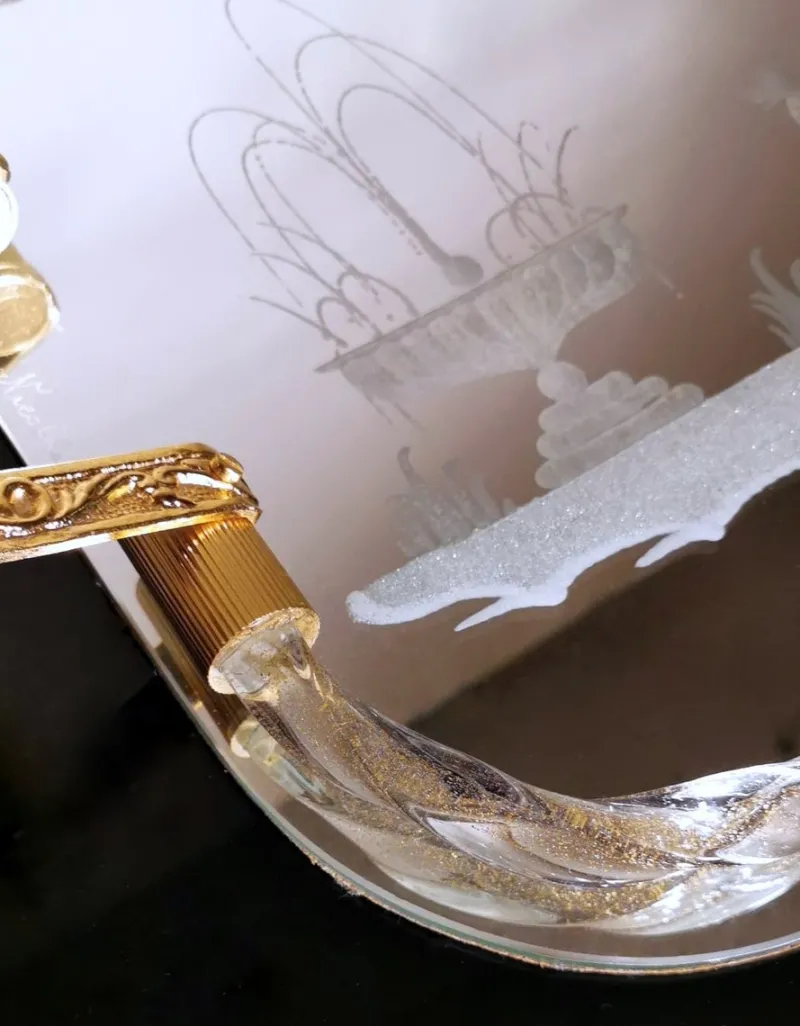 Pamono Murano Barovier Style Vanity Tray with Etched Mirror and Twisted Glass Rope> Trays