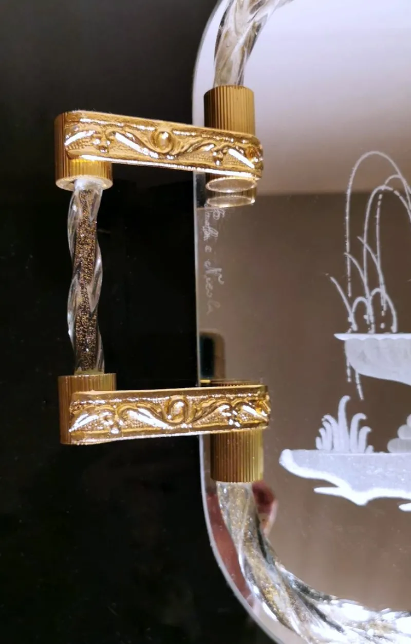 Pamono Murano Barovier Style Vanity Tray with Etched Mirror and Twisted Glass Rope> Trays
