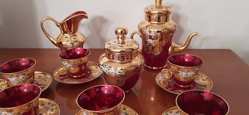 Pamono Murano Glass Tre Fuochi 24 K Gold Coffee Set, 1965, Set of 15> Coffee & Tea Service