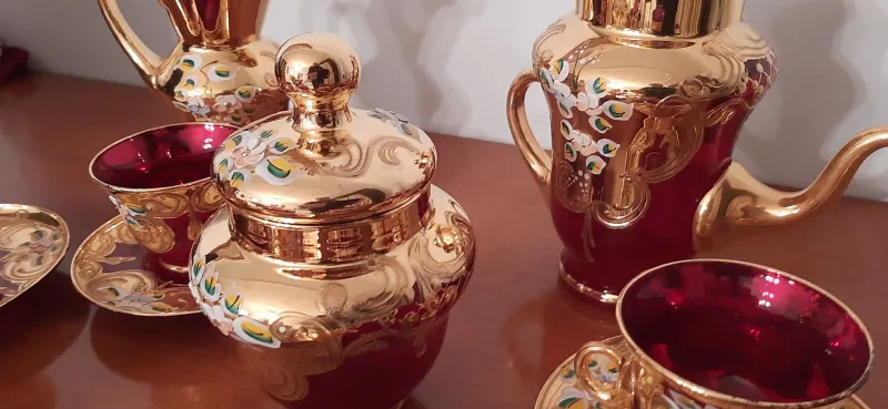 Pamono Murano Glass Tre Fuochi 24 K Gold Coffee Set, 1965, Set of 15> Coffee & Tea Service