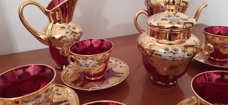 Pamono Murano Glass Tre Fuochi 24 K Gold Coffee Set, 1965, Set of 15> Coffee & Tea Service