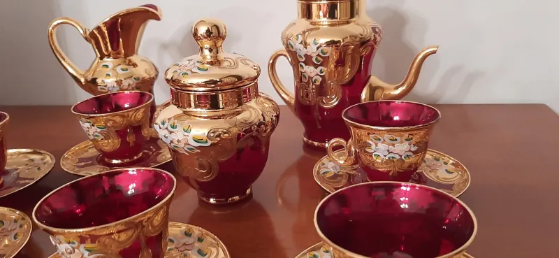 Pamono Murano Glass Tre Fuochi 24 K Gold Coffee Set, 1965, Set of 15> Coffee & Tea Service