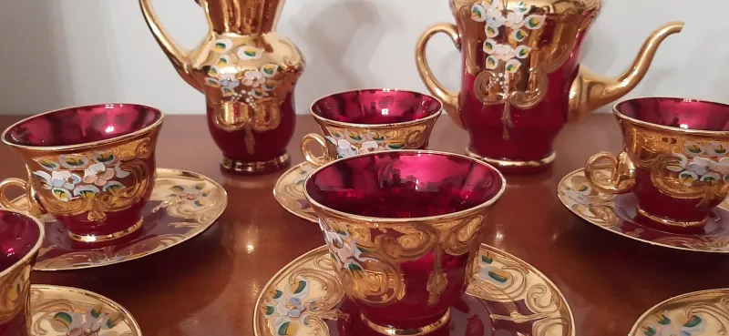 Pamono Murano Glass Tre Fuochi 24 K Gold Coffee Set, 1965, Set of 15> Coffee & Tea Service