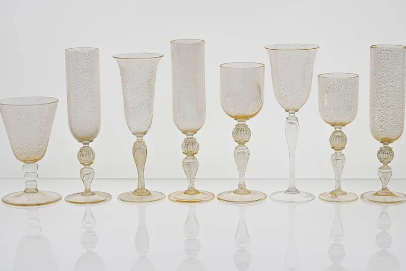 Pamono Murano Stem Glasses with Embedded Gold Leaf from Cenedese, 1950s, Set of 8> Glassware
